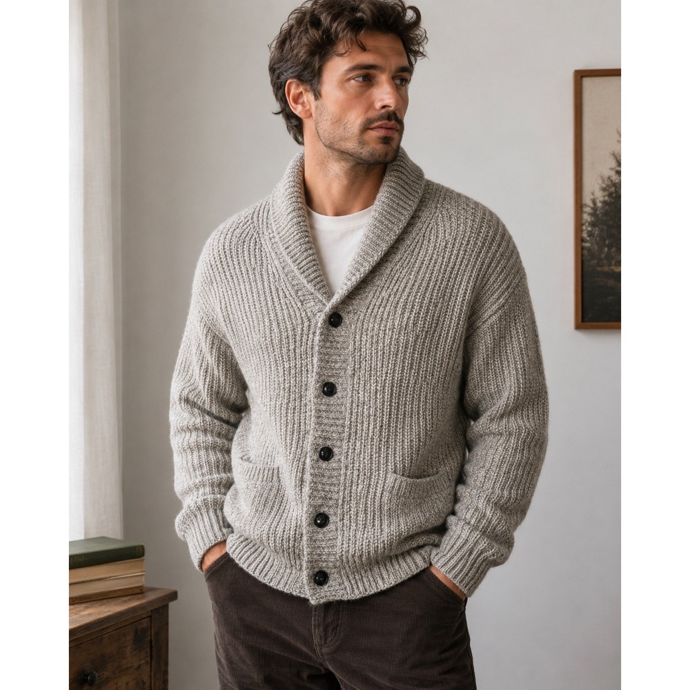 Vintage Sears Premiere Collar Sweater Mens L Gray Chunky Knit Grandpa Wool Blend